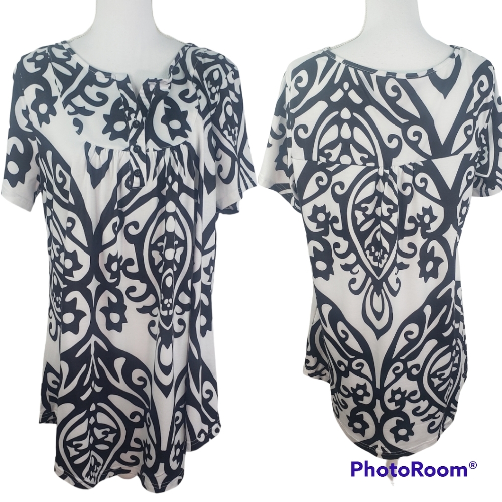 Sese Code Women's Paisley Print Tunic Blouse Short Sleeve 3XL Black White